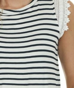 Hailey & Co Tops Black And Ivory Striped Lace Cap Sleeve Top