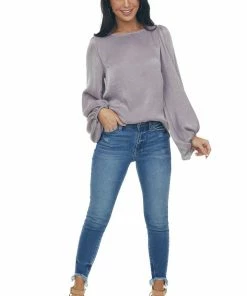 Peach Love Faded Lavender Bubble Sleeve Cowl Back Blouse