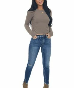 Charlotte Avery Tops Taupe Long Sleeve Textured Cropped Knit Top