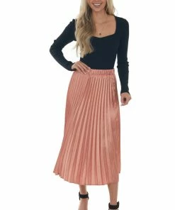 Umgee Coral Metallic Pleated Elastic Midi Skirt Bottoms