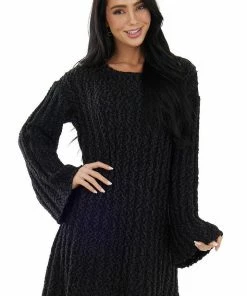 Peach Love Faded Black Chunky Ribbed Flare Sweater Dress