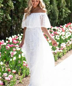 Dress Day Off White Off Shoulder Floral Lace Overlay Maxi Dress