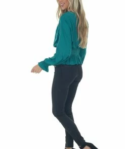 She + Sky Juniper Smocked Waist Bubble Sleeve Peplum Top Tops