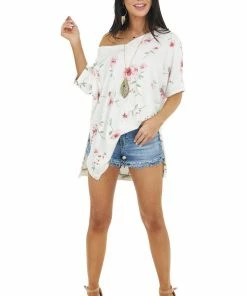 Lovely J Ivory And Pink Floral Print V Neck Top With Short Sleeves