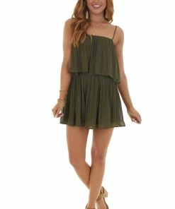 NAKED ZEBRA Willow Sleeveless Pleated Overlaying Flowy Fitted Romper Dresses