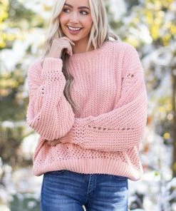 Charlotte Avery Peach Chenille Bubble Sleeve Cut Out Sweater