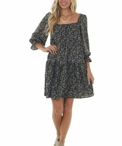 She + Sky Dresses Black Floral Square Neck Tiered Babydoll Dress 30 She + Sky Dresses Black Floral Square Neck Tiered Babydoll Dress