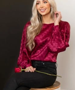 Vine & Love Tops Maroon Checkered Long Sleeve Satin Blouse