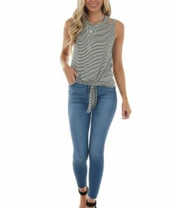 Lime Lush Tops Black Striped Shoulder Cut Out Knit Tank Top With Front Tie