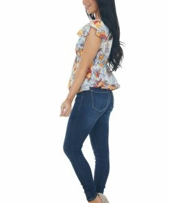 Entro Misty Blue Floral Peplum V Neck Blouse