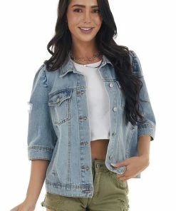 BiBi Outerwear Light Wash Half Sleeve Button Up Denim Jacket