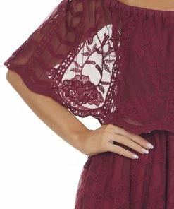 Wishlist Dresses Wine Lace Ruffle Off The Shoulder Maxi Dress