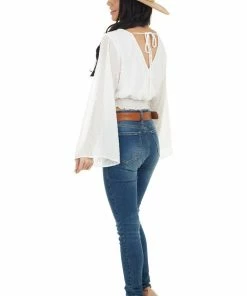 Peach Love Tops Pearl Swiss Dot Long Kimono Sleeve Crop Top With Tie Detail