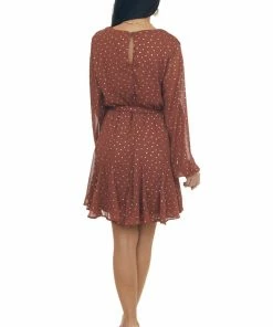 She + Sky Cinnamon Drop Waist Short Dress With Gold Dots Dresses