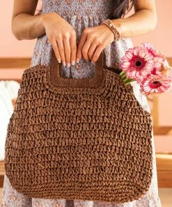 Fame Accessories Chocolate Raffia Straw Tote Bag With Wood Handle