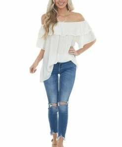 143 Story Tops Ivory Off The Shoulder Metallic Thread Blouse