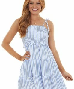 Main Strip Cornflower Blue Striped Sleeveless Mini Dress Dresses