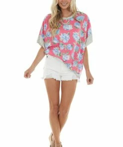 Fantastic Fawn Watermelon Floral Print Short Sleeve Knit Top