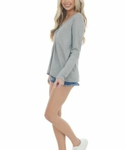 143 Story Steel Waffle Knit Top With Button Detail Tops