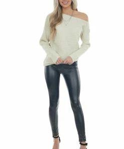 143 Story Cream Ribbed Knit Asymmetrical Boat Neck Top Tops