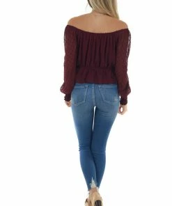 She + Sky Mahogany Long Sleeve Peplum Swiss Dot Blouse