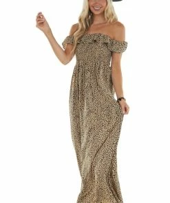 Vine & Love Latte Cheetah Print Off Shoulder Maxi Dress
