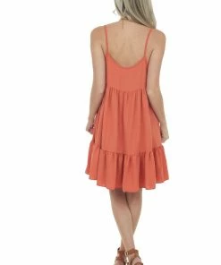 Ces Femme Dresses Rust Sleeveless Short Tiered Woven Dress