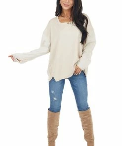 Umgee Tops Oatmeal Contrasting Long Sleeve Top With Side Slit Detail