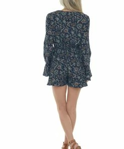 Sweet Lemon Navy Floral Print V Neck Long Sleeve Romper Dresses
