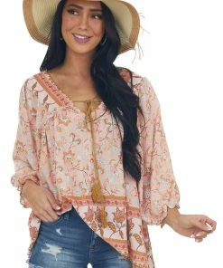 Davi & Dani Tea Rose Floral Blouse With Tassel Detail Tops
