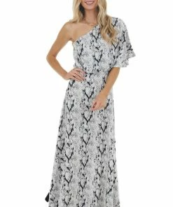 Main Strip Dove Grey Snakeskin Print Woven Maxi Dress With One Shoulder Dresses