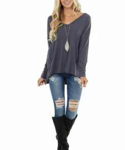 143 Story Stormy Grey Long Sleeve Top With Side Slit Detail Tops