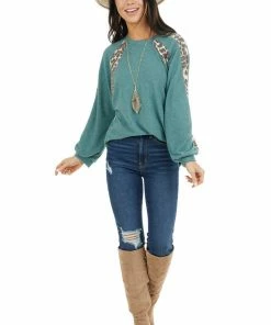 Cotton Bleu Pine Green And Leopard Print Colorblock Long Sleeve Top Tops