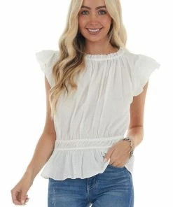 Grade & Gather Ivory Ruffle Cap Sleeve Cinch Waist Blouse