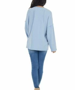 BucketList Tops Powder Blue French Terry Knit Top With Raw Edge Details