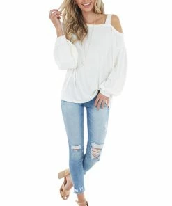 Entro Cream Bubble Sleeve Top With Single Strap Cold Shoulder Tops