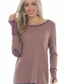 BiBi Rose Taupe And Berry Contrast Thermal Knit Top