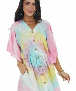 Davi & Dani Dresses Multicolor Tie Dye Short Sleeve Button Dress