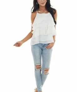 Entro White Thread Printed Sleeveless Ruffle Blouse With Racerback Tops