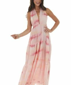 Honey Peach Dresses Cherry Blossom Tie Dye Halter Neck Maxi Dress