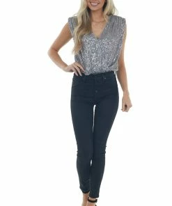She + Sky Slate Sequined Surplice Shoulder Pad Bodysuit Tops