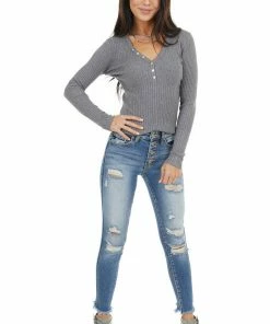 La Miel Tops Charcoal Rib Knit Henley Long Sleeve V Neck Top