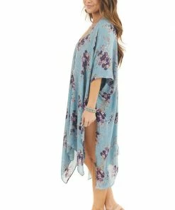 ANGIE Teal Floral Print Half Sleeve Kimono With Side Slits