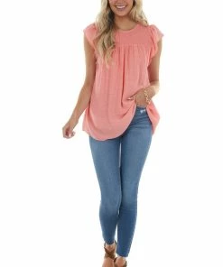 143 Story Tops Coral Smocked Cap Sleeve Woven Blouse