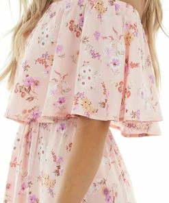 Aakaa Light Peach Floral Print Off Shoulder Woven Maxi Dress Dresses