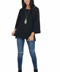Umgee Tops Black Ribbed Loose Knit Top With Wide Sleeves