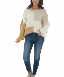 Blu Pepper Ivory Colorblock Loose Cozy Cable Knit Sweater Tops