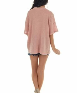 Ces Femme Coral Loose Knit Top With Lace Up V Neckline Tops 15 Ces Femme Coral Loose Knit Top With Lace Up V Neckline Tops