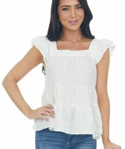 Entro Ivory Square Neck Ruffle Tiered Blouse Tops