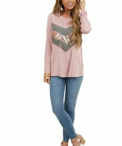 American Chic Dusty Blush Long Sleeve Top With Sequin And Camo Details